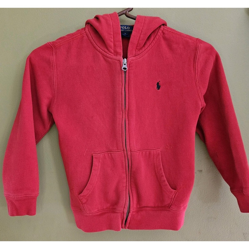 Polo Ralph Lauren Red Zip Up Hoodie Young Boys Size 7 Red Full Zip Pony Logo‎